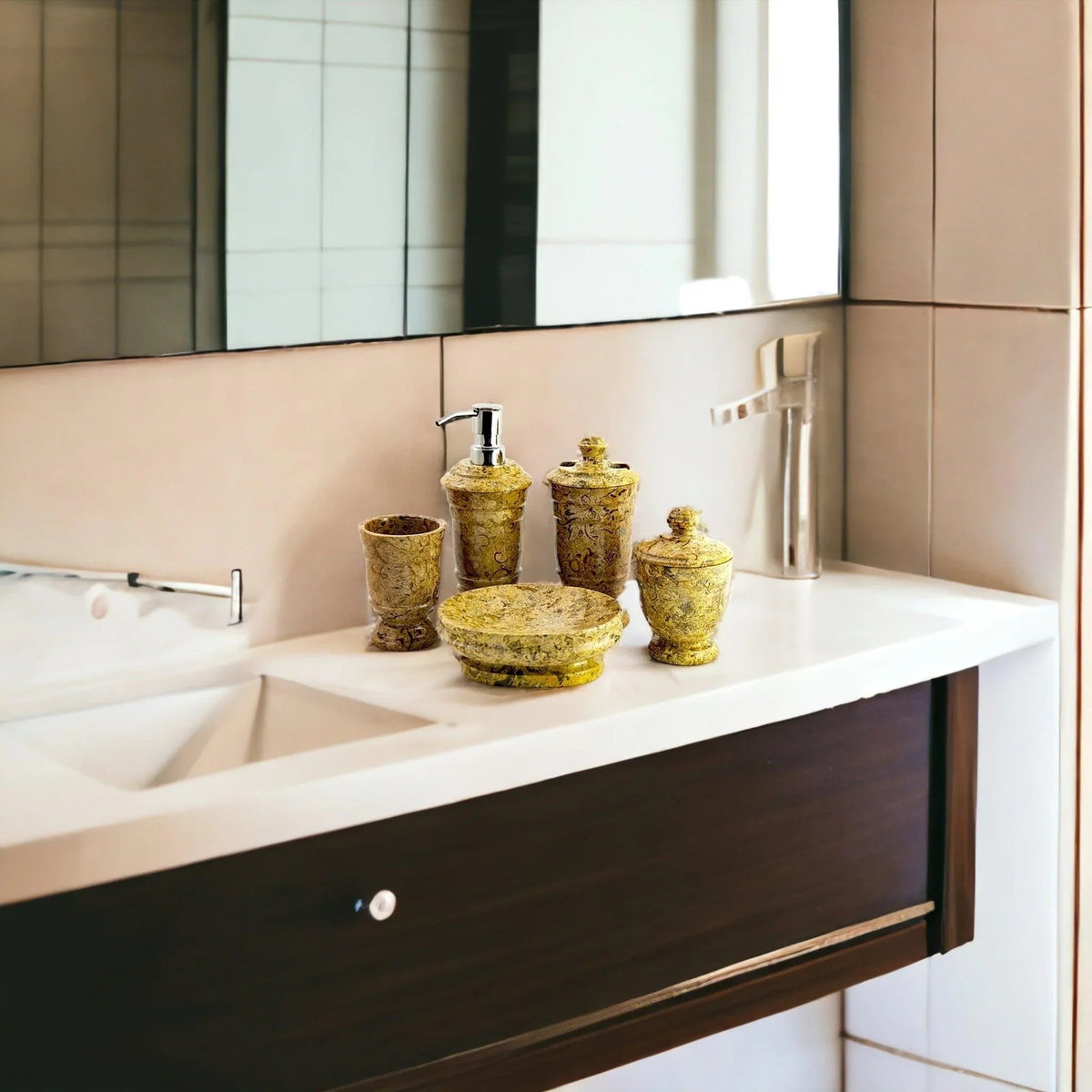Ensemble d'accessoires de salle de bain 5 pièces en pierre fossile