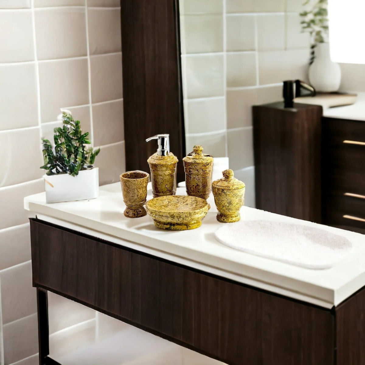 Ensemble d'accessoires de salle de bain 5 pièces en pierre fossile