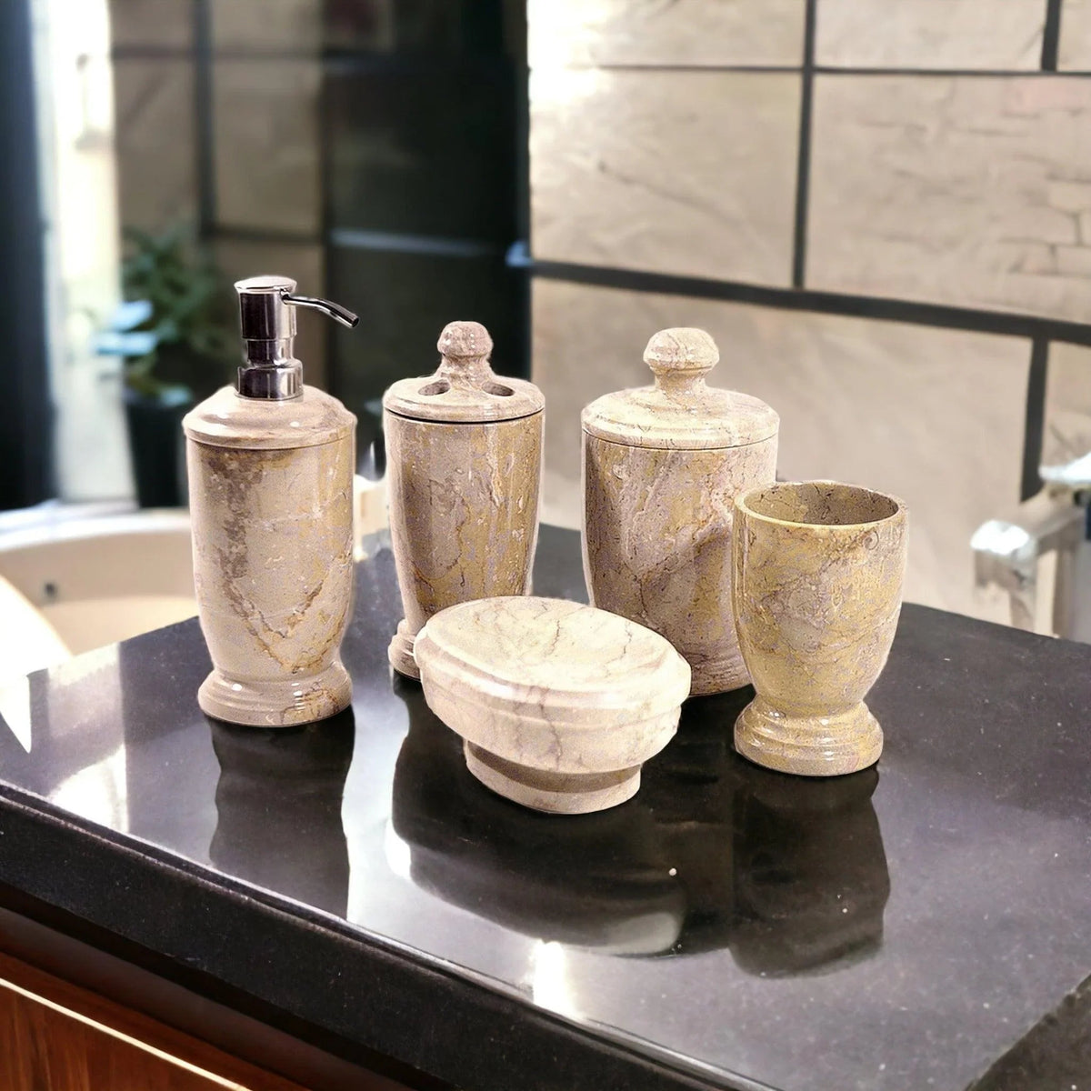 Set da bagno da 5 pezzi in marmo Sahara Beige - Collezione Atlantic