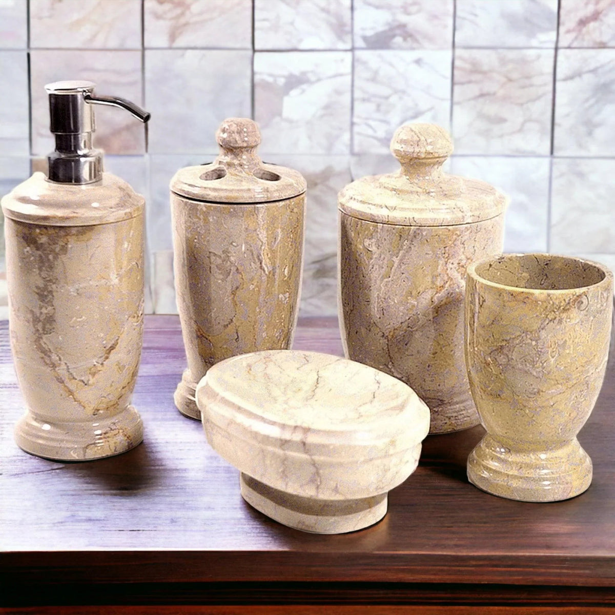 Set da bagno da 5 pezzi in marmo Sahara Beige - Collezione Atlantic
