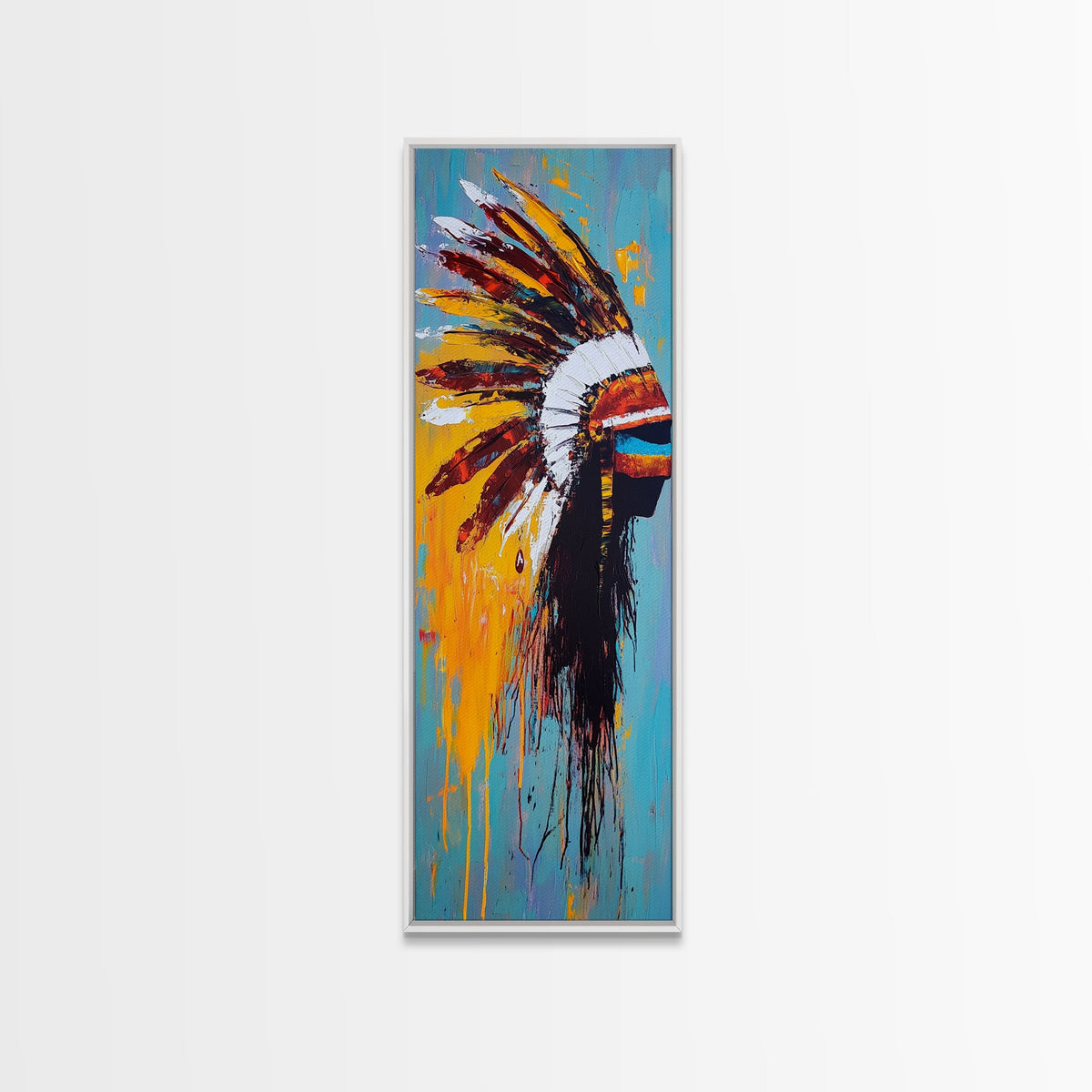 Stampa su tela con copricapo di piume audace, arte da parete afrocentrica, arte da parete sud-occidentale, ritratto colorato, arte da parete verticale