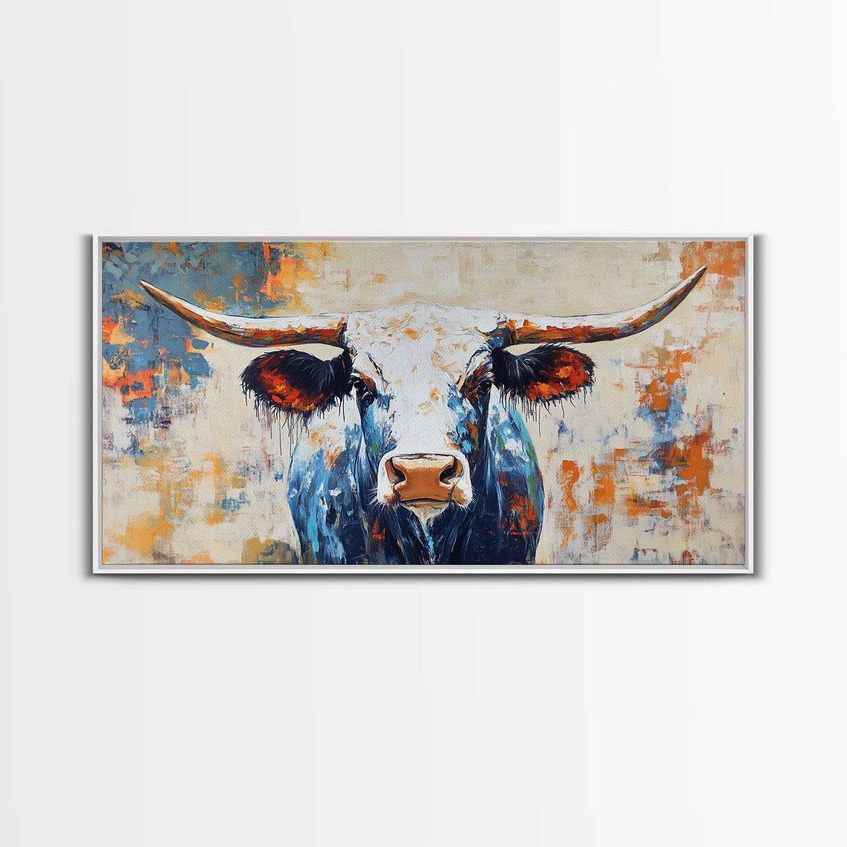 Dipinto di longhorn, stampa su tela con cornice, decorazione da parete rustica, arte da parete sud-occidentale, arte in stile casale, arte extra larga, arte sopra il divano, arte d'atmosfera