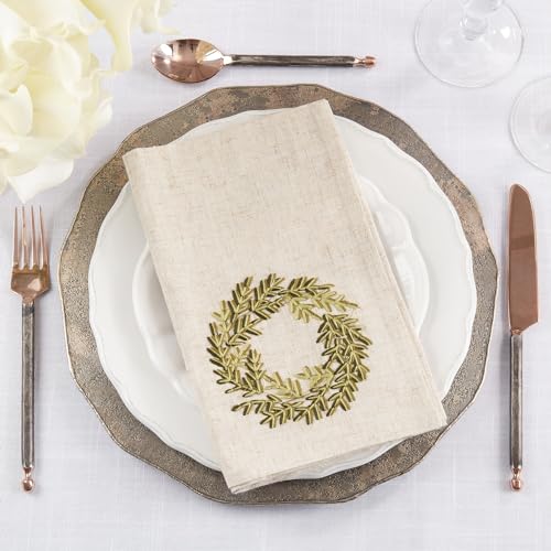 Fennco Styles Embroidered Wreath Christmas Cloth Napkins 20" W x 20" L, Set of 4 - Natural Linen Blend Dinner Napkin for Winter Holidays, Family Gatherings, Banquets, Special Events