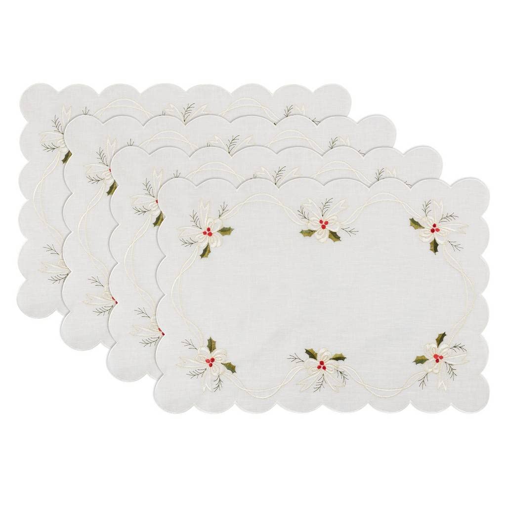 Embroidered Holly & Ribbon Design Holiday Placemats