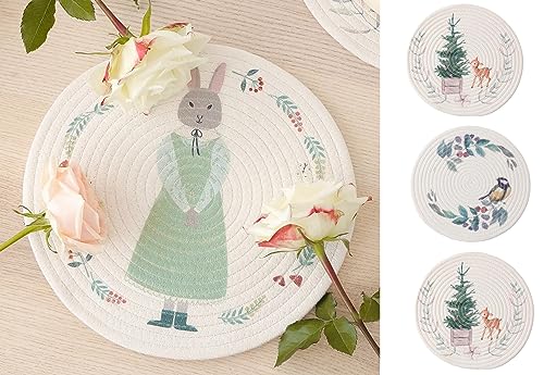 Rabbit & Botanical Print Cotton Blend Woven Placemats