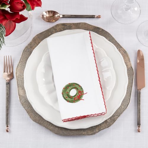Serviettes de table en tissu à point de feston avec couronne de fêtes brodée