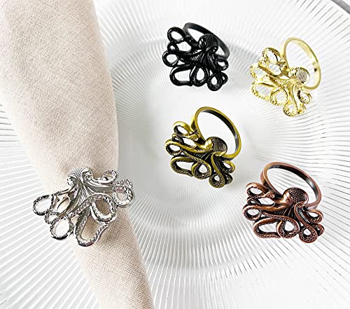 Fennco Styles Coastal Octopus Metal Napkin Rings, Set of 4 - Gold Nautical Napkin Holders for Home Décor, Dining Table, Banquets, Family Gathering and Special Occasions