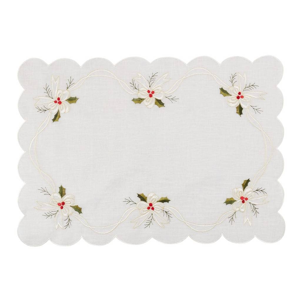 Embroidered Holly & Ribbon Design Holiday Placemats