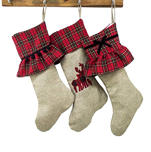 Holiday Deer Family Tartan Plaid Ruffle Christmas Tree Skirt