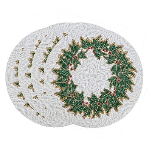 Hand Beaded Holly Holiday Placemat 15" Round