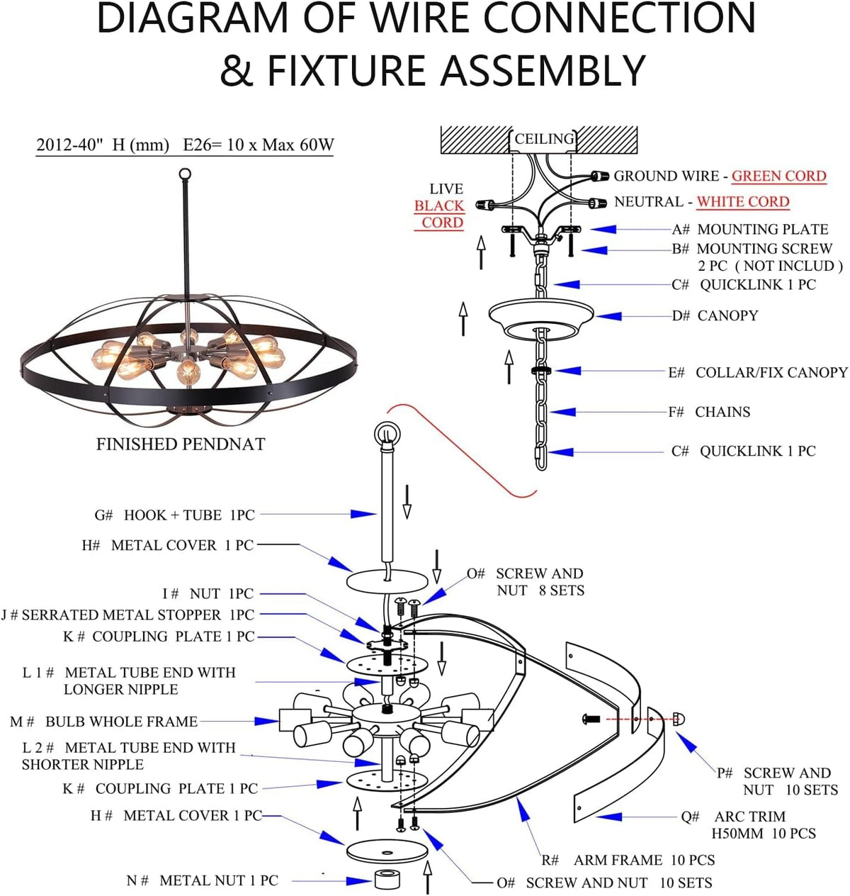 40" Farmhouse Chandelier for High Ceilings