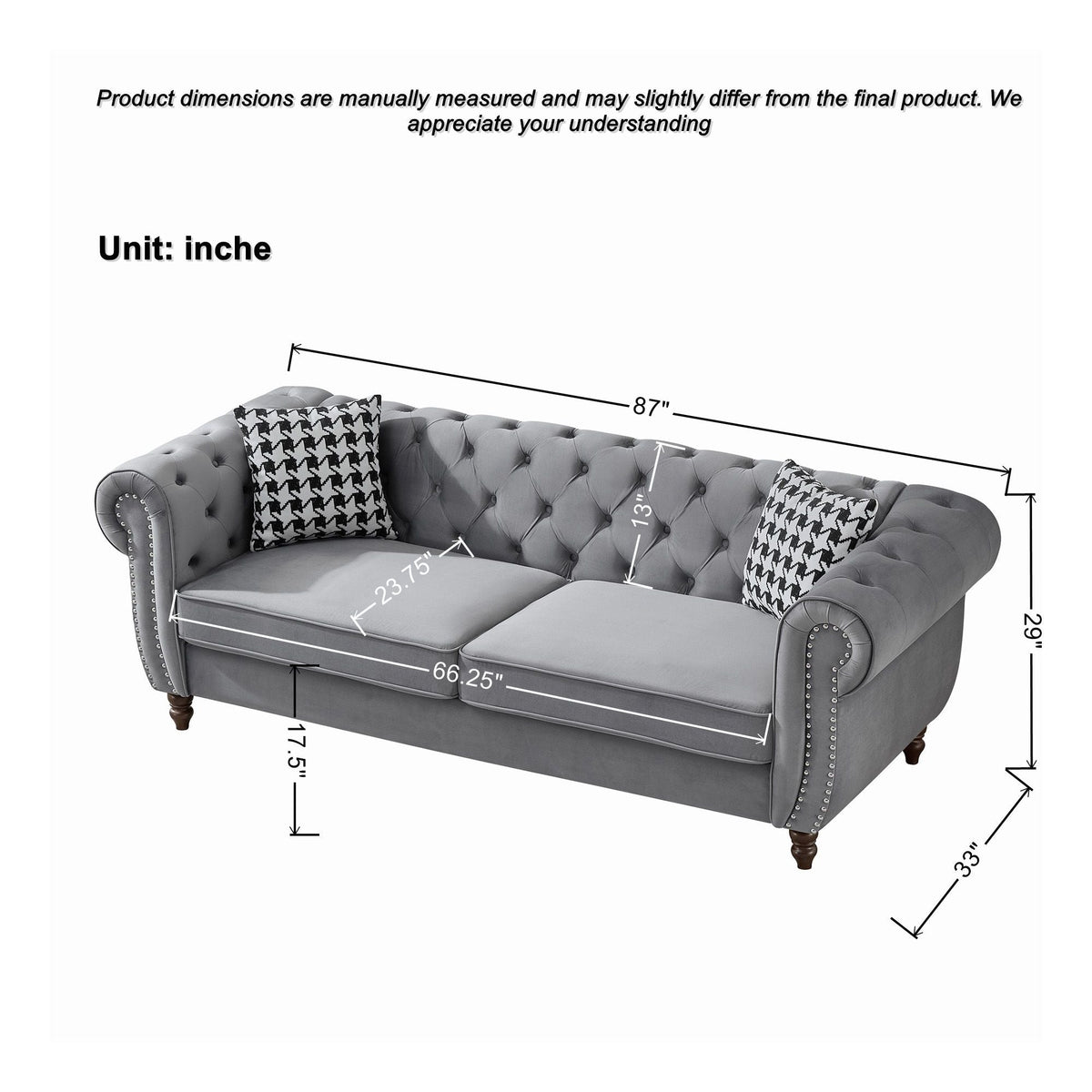 Canapé en tissu style Chesterfield avec accoudoirs enroulés et clous de tapissier
