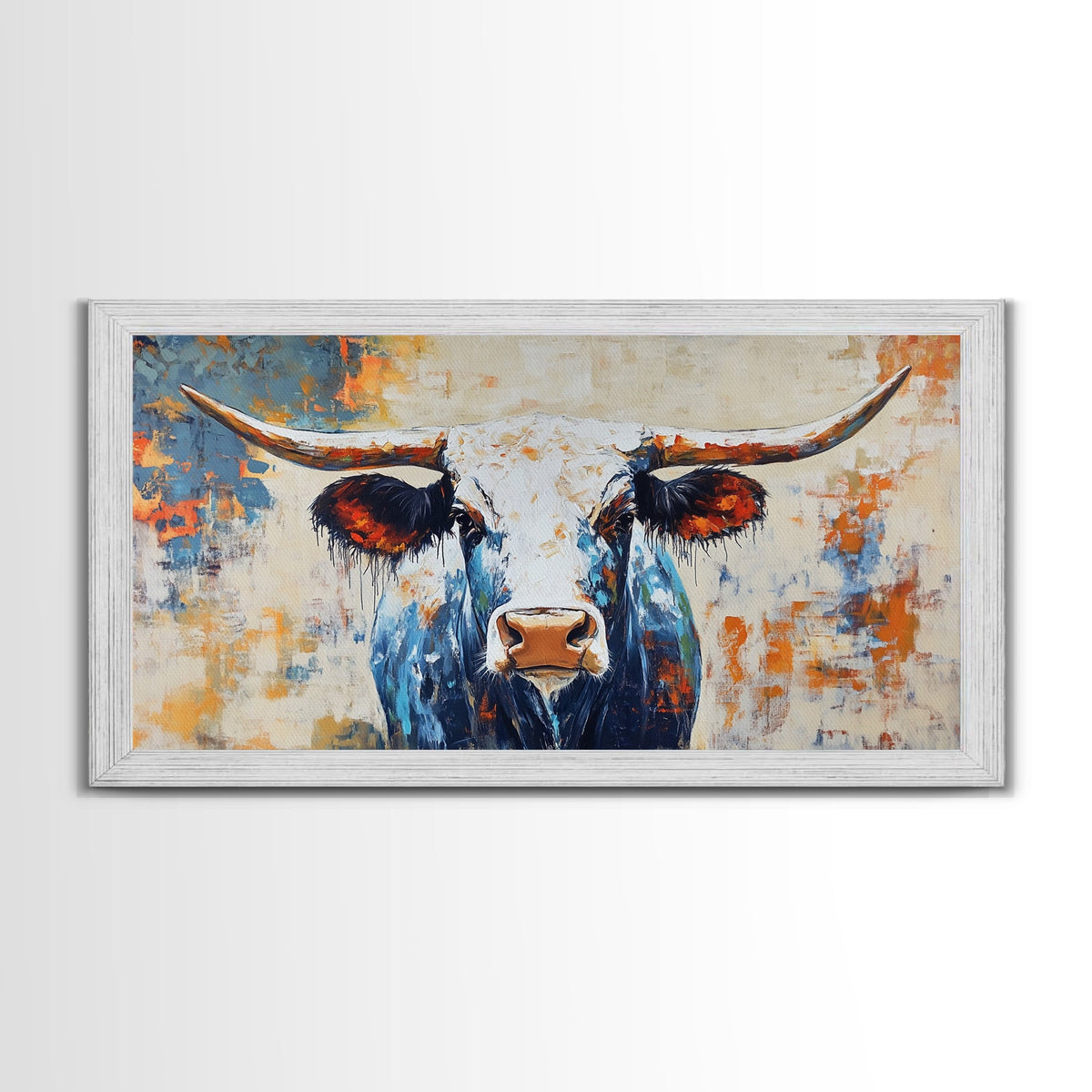 Dipinto di longhorn, stampa su tela con cornice, decorazione da parete rustica, arte da parete sud-occidentale, arte in stile casale, arte extra larga, arte sopra il divano, arte d'atmosfera