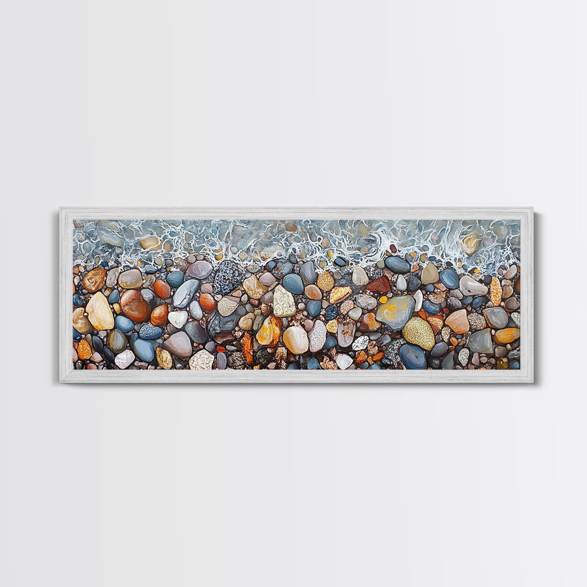 Décoration côtière, art sur galets de mer, peinture sur galets de plage, décoration murale nautique, peinture de paysage marin, art mural long et étroit, impression sur toile