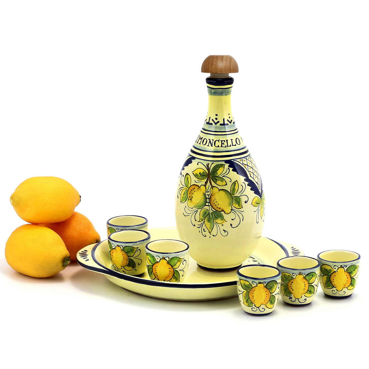 LIMONCELLO: Set da limoncello con decorazioni blu - Bottiglia con tappo, vassoio e 6 bicchierini - (Liquore al limoncello non incluso)