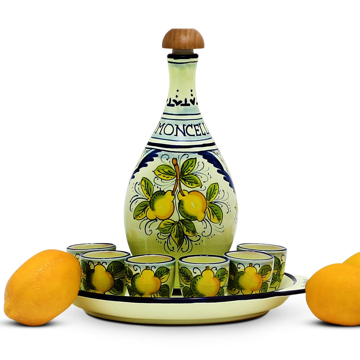 LIMONCELLO: Set da limoncello con decorazioni blu - Bottiglia con tappo, vassoio e 6 bicchierini - (Liquore al limoncello non incluso)