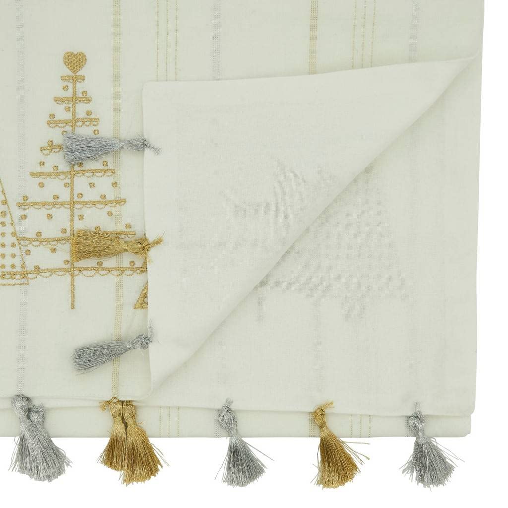 Embroidered Christmas Trees Tassel Cotton Table Runner (16" W x 72" L)