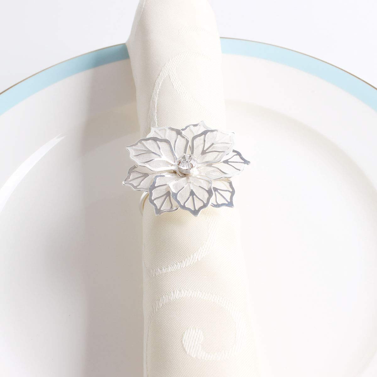 Fennco Styles Rhinestone Crystal Flower Napkin Rings Wedding Holiday Table Decoration - Set of 4