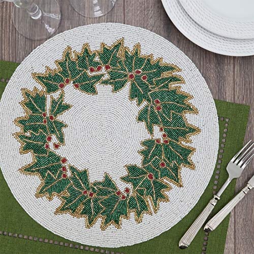 Hand Beaded Holly Holiday Placemat 15" Round
