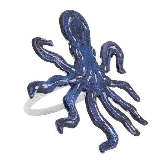 Ronds de serviette Fennco Styles Coastal Octopus en laiton, lot de 4 - Porte-serviettes en métal bleu marine pour maison de plage, décorations de fête nautique, maison, banquet et événement spécial