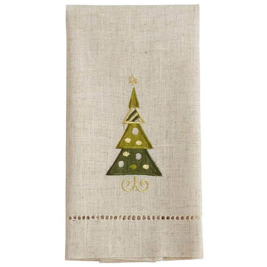 Embroidered and Hemstitched Design Christmas Tree Linen-Poly Guest Towels, Set of 4