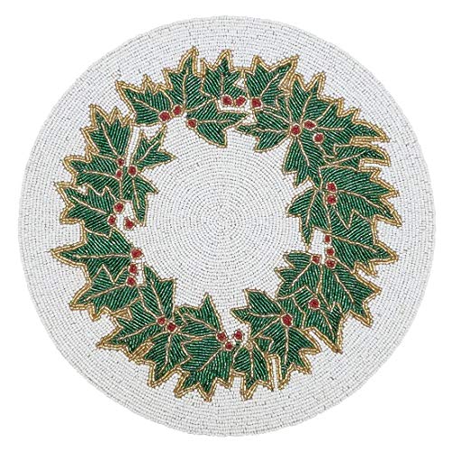 Hand Beaded Holly Holiday Placemat 15" Round