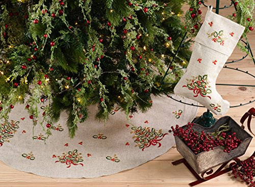 Embroidered Holly Design Decorative Linen Blend Christmas Tree Skirt and Stocking