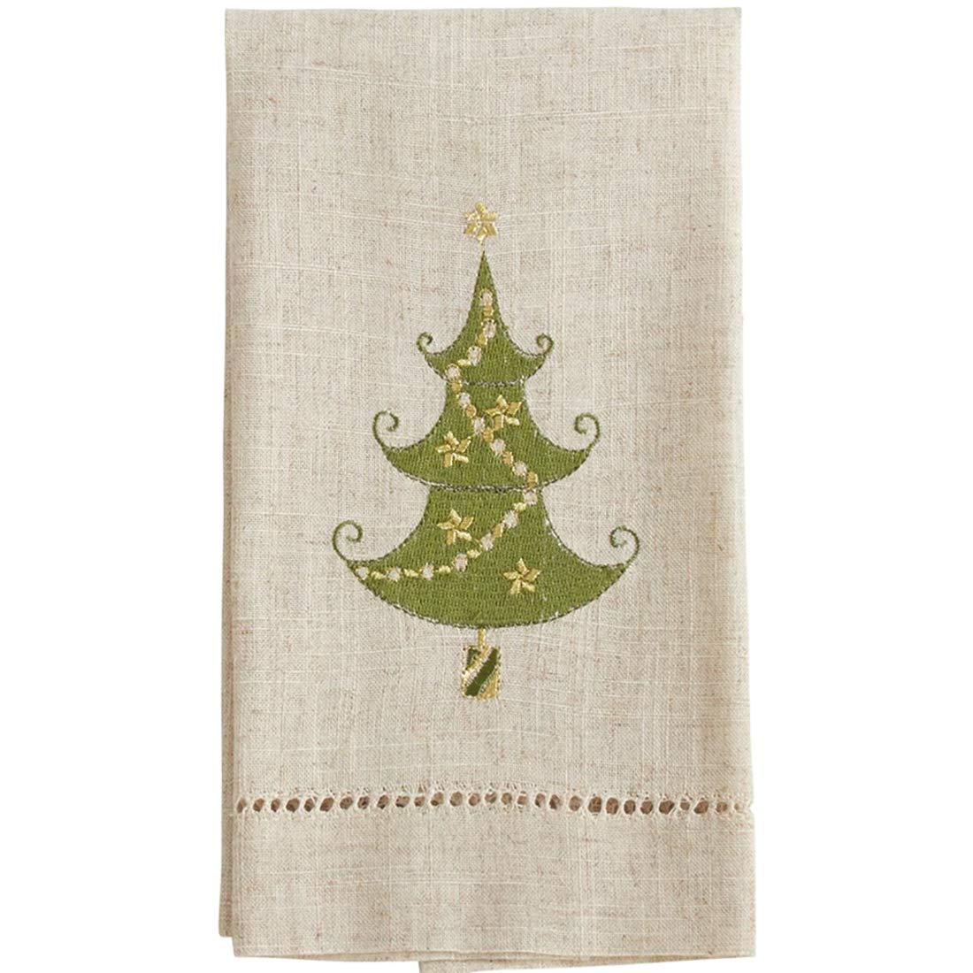 Embroidered and Hemstitched Design Lighted Christmas Tree Linen-Poly Guest Towels, Set of 4