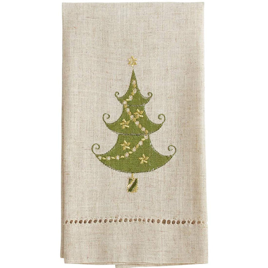 Embroidered and Hemstitched Design Lighted Christmas Tree Linen-Poly Guest Towels, Set of 4