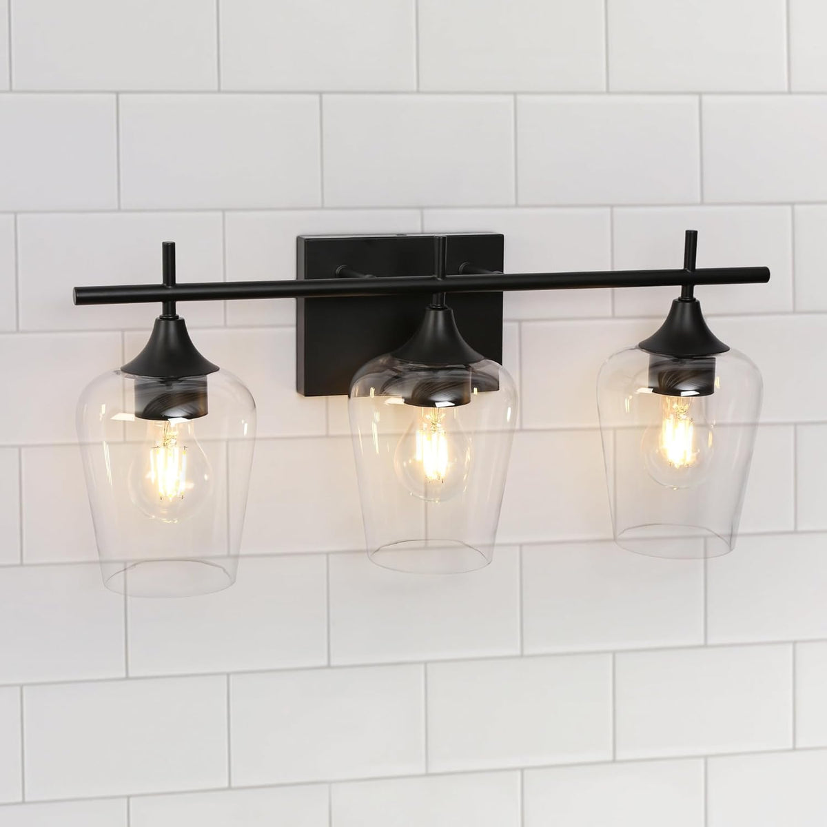 3-Light Black Vanity Light with Clear Glass Shade