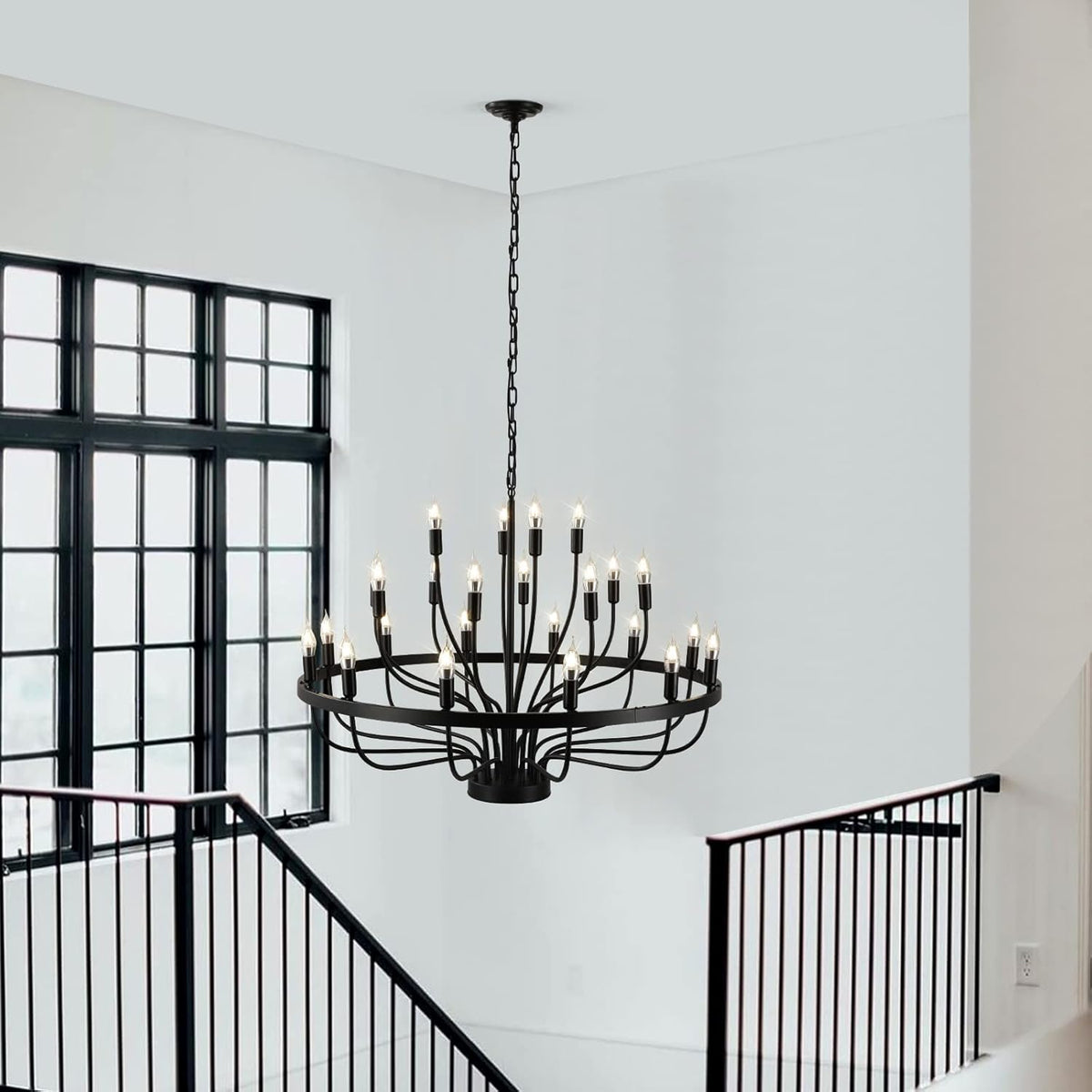 Lustre roue de charrette noir clair à 24 lumières