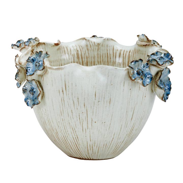Small Thai Oyster White & Ocean Blue Lily Ceramic Bowl