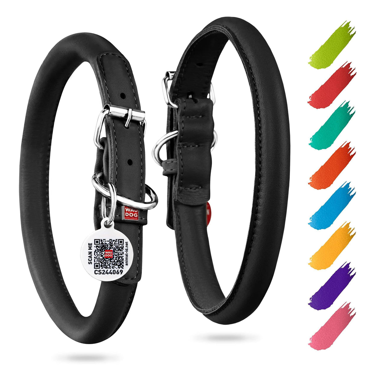 Collier pour chien en cuir roulé noir, rembourré, toutes tailles, tour de cou de 25 à 33 cm