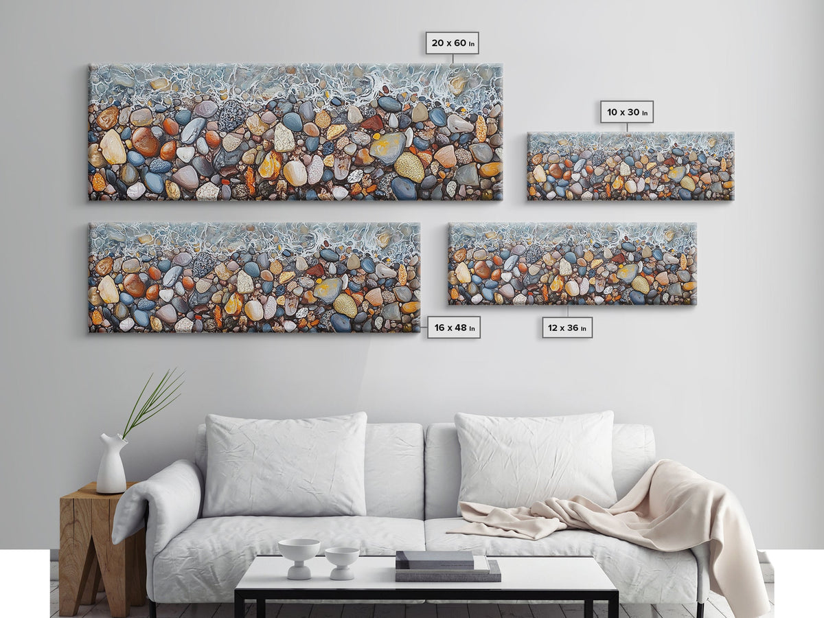 Décoration côtière, art sur galets de mer, peinture sur galets de plage, décoration murale nautique, peinture de paysage marin, art mural long et étroit, impression sur toile