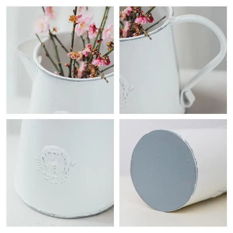Vintage Style Rustic White Metal Flower Pitcher Vase