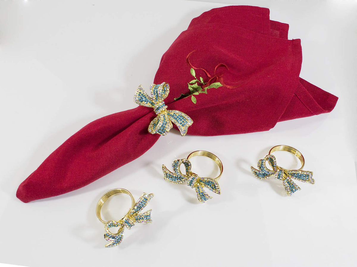 Fennco Styles Stunning Crystal Bowknot Gold-Plated Napkin Rings Wedding Holiday Table Decoration - Set of 4