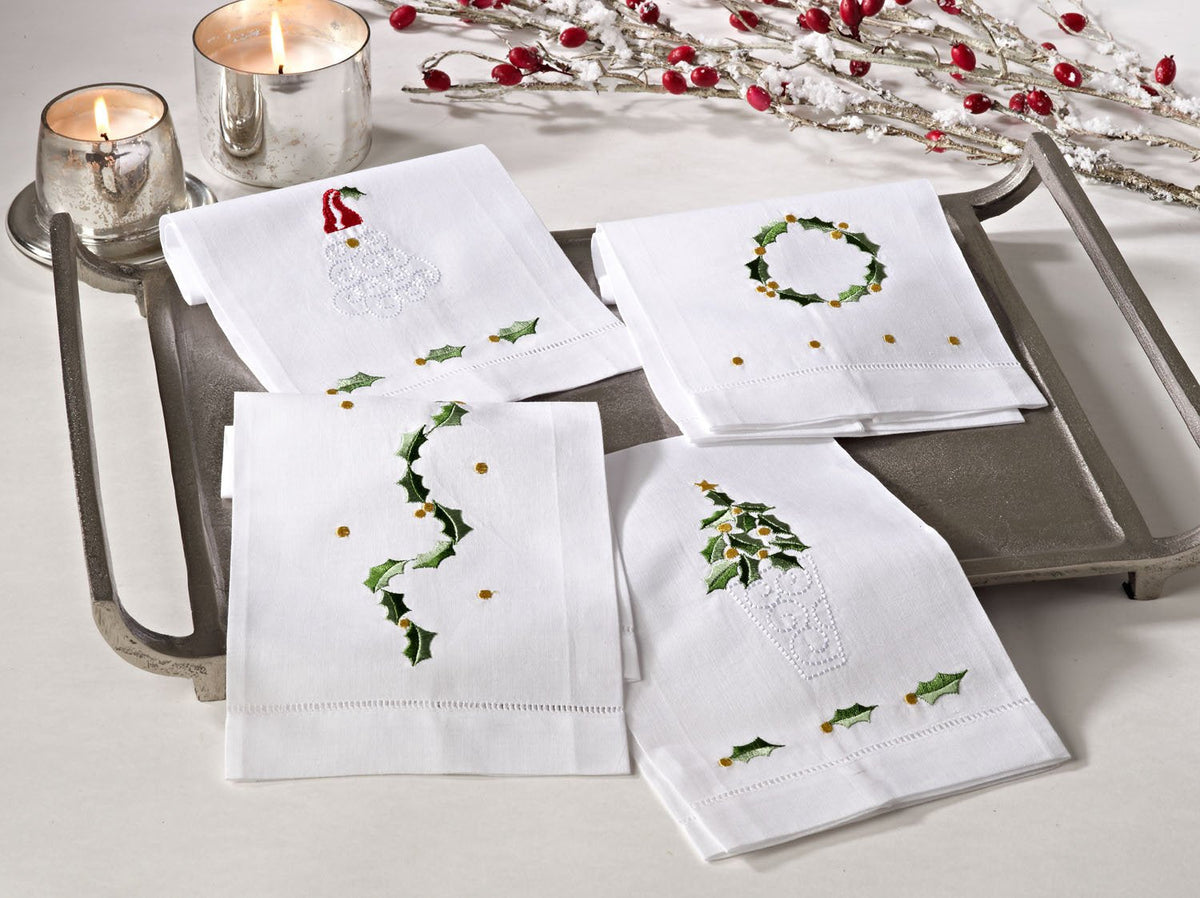 Embroidered Holly Leaf Christmas Tree Design Hemstitched Linen Cotton Guest Towels, Set of 4