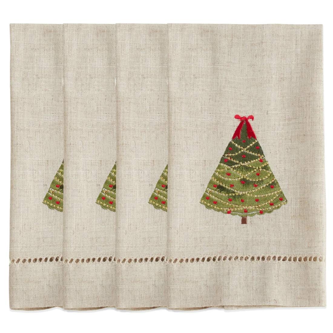 Embroidered and Hemstitched Design Ribbon Christmas Tree Linen-Poly Guest Towels, Set of 4