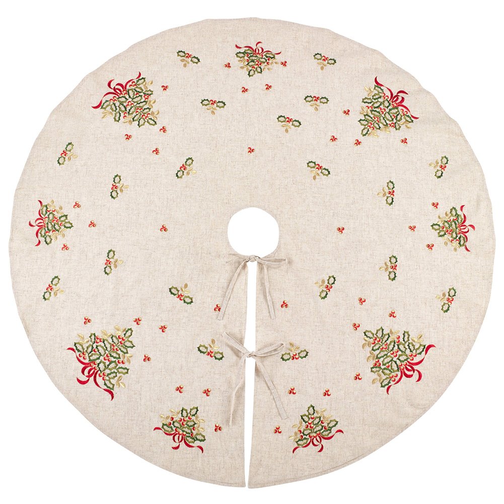 Embroidered Holly Design Decorative Linen Blend Christmas Tree Skirt and Stocking