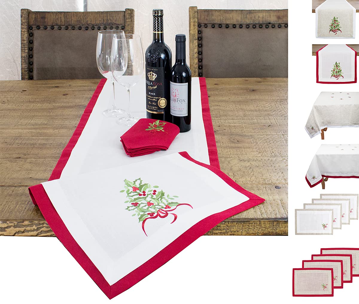 Embroidered Holly Christmas Tree Double-Layer Holiday Tablecloth