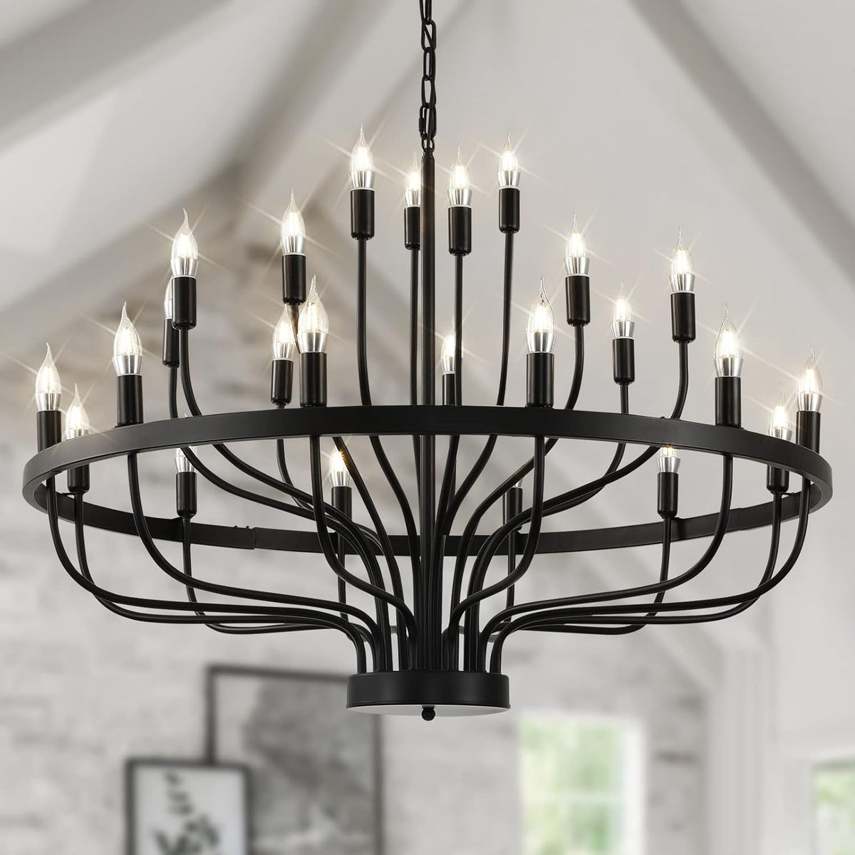 Lustre roue de charrette noir clair à 24 lumières