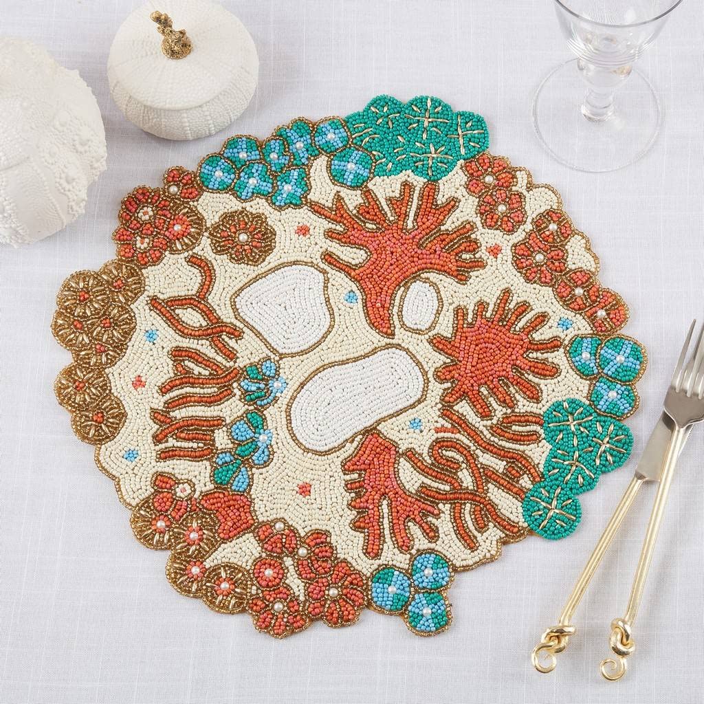 Hand Beaded Coral Reef Coastal Placemat 15" Round