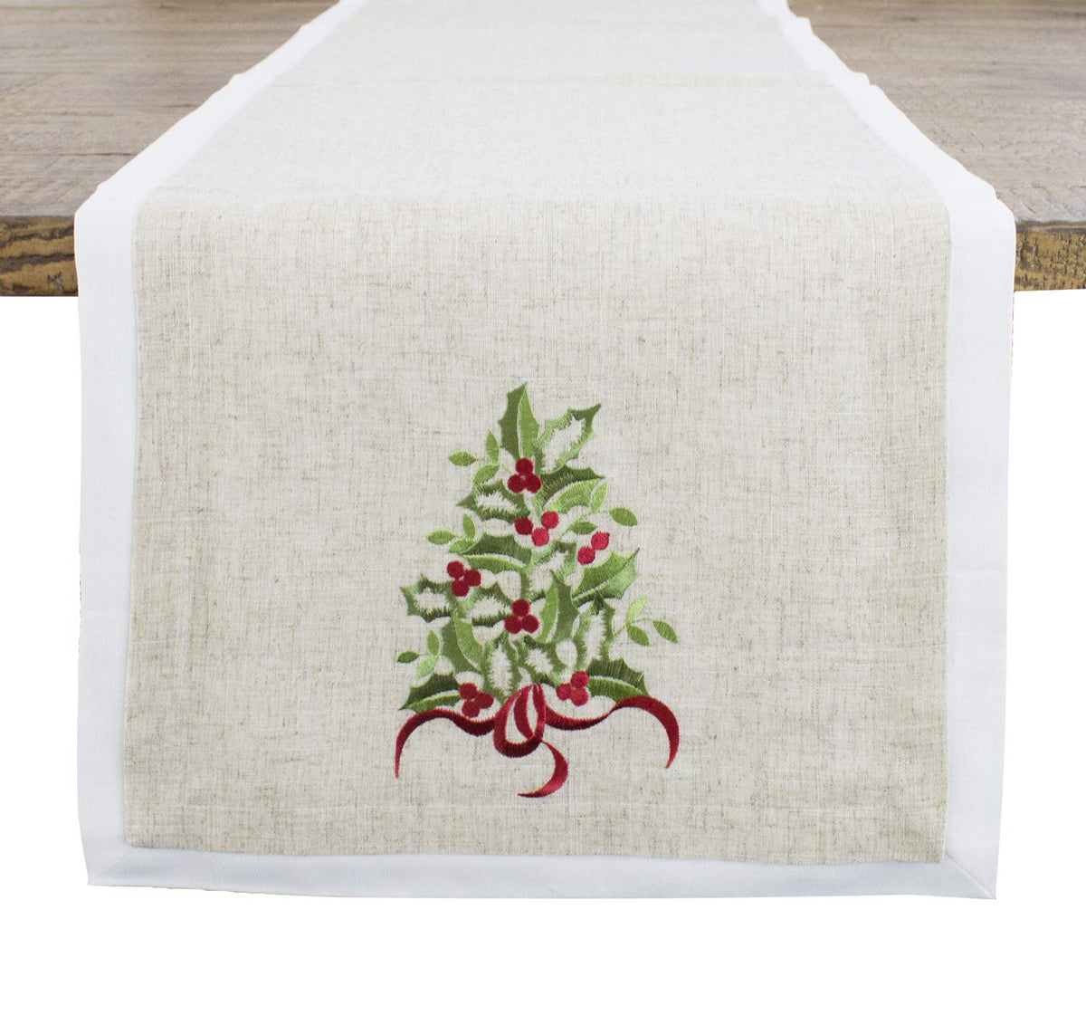 Embroidered Holly Christmas Tree Double-Layer Holiday Tablecloth