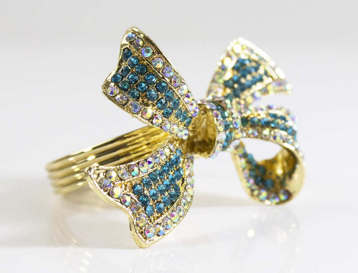 Fennco Styles Stunning Crystal Bowknot Gold-Plated Napkin Rings Wedding Holiday Table Decoration - Set of 4
