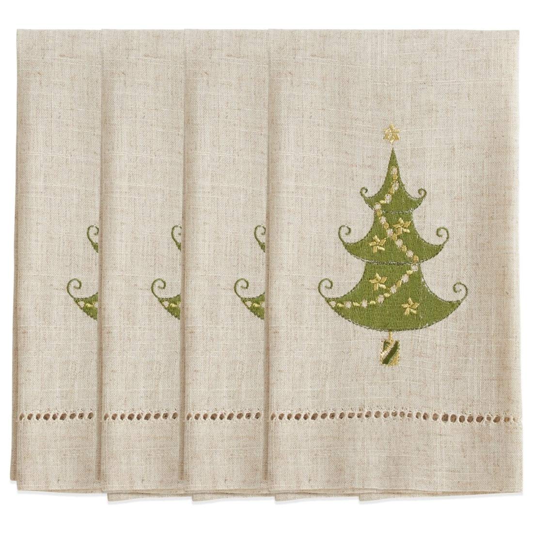 Embroidered and Hemstitched Design Lighted Christmas Tree Linen-Poly Guest Towels, Set of 4