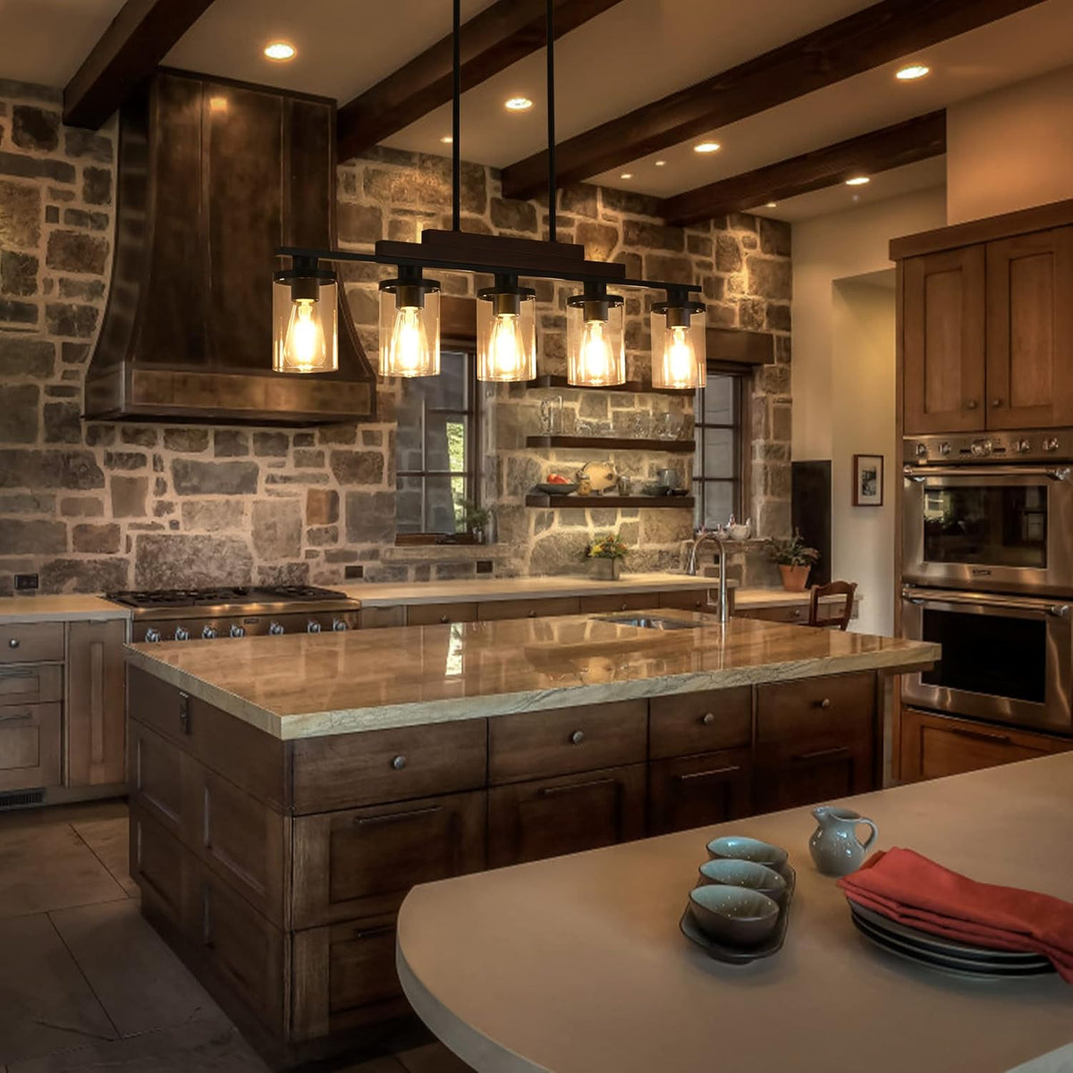 Lampadario lineare rustico in legno stile casale con paralume in vetro trasparente