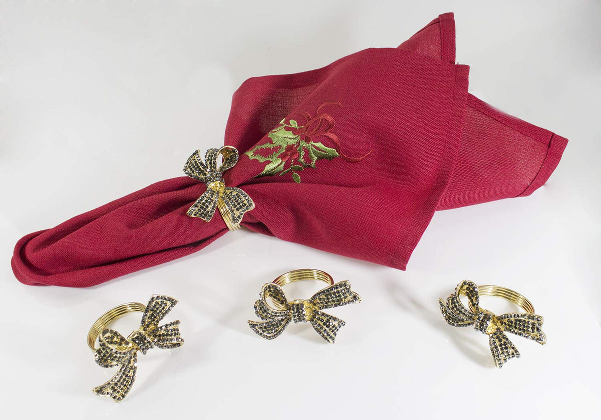Fennco Styles Stunning Crystal Bowknot Gold-Plated Napkin Rings Wedding Holiday Table Decoration - Set of 4