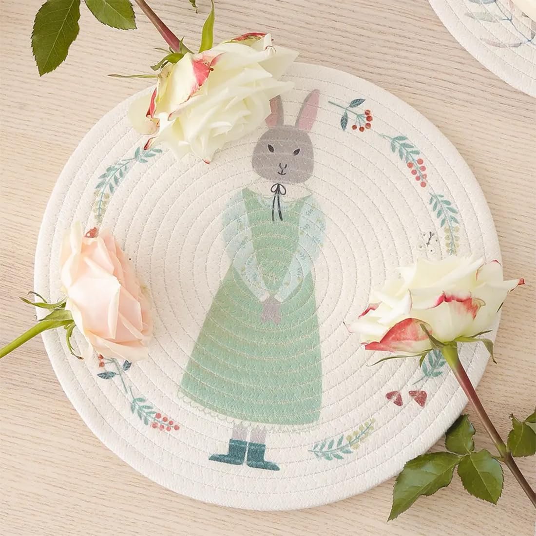 Rabbit & Botanical Print Cotton Blend Woven Placemats