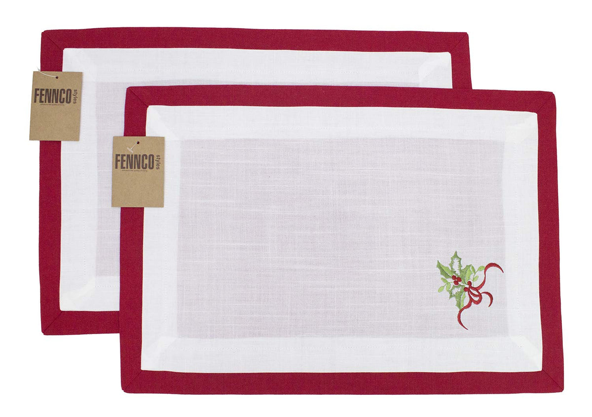 Embroidered Holly Christmas Tree Double-Layer Holiday Tablecloth