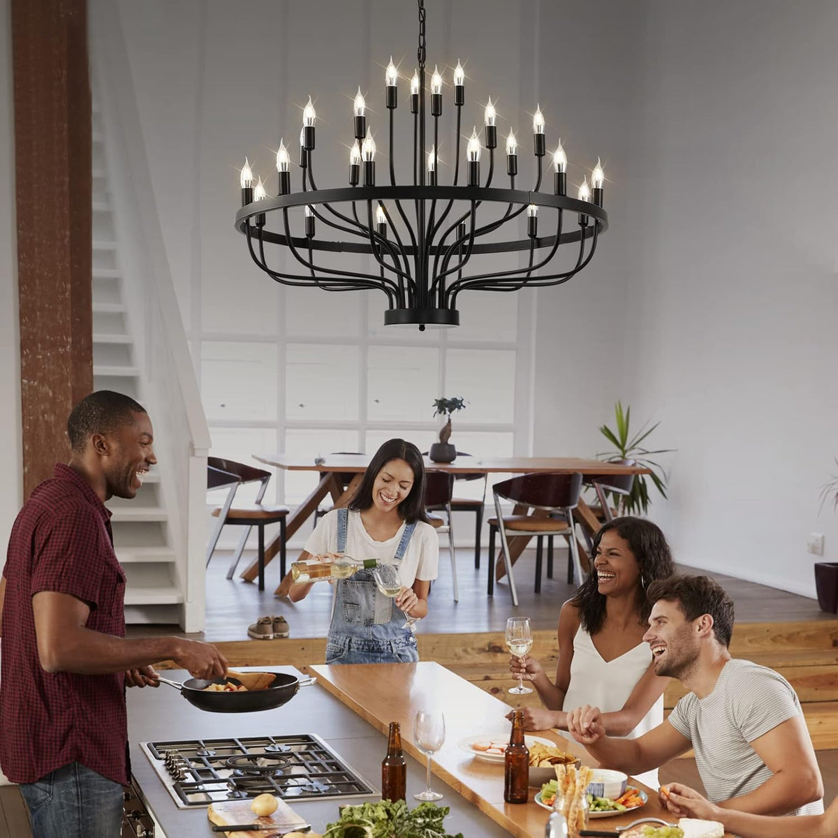 Lustre roue de charrette noir clair à 24 lumières